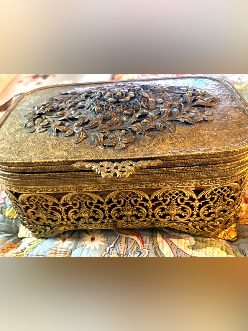 Vintage Brass Globe Hollywood Regency Ornate Claw Foot Floral Jewelry Box